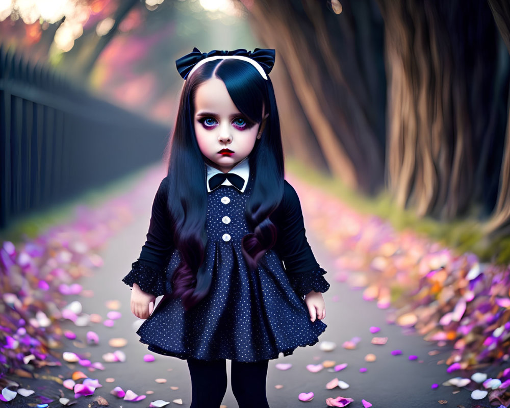 Stylized image: Doll-like girl with large eyes in black dress amid pink petals.