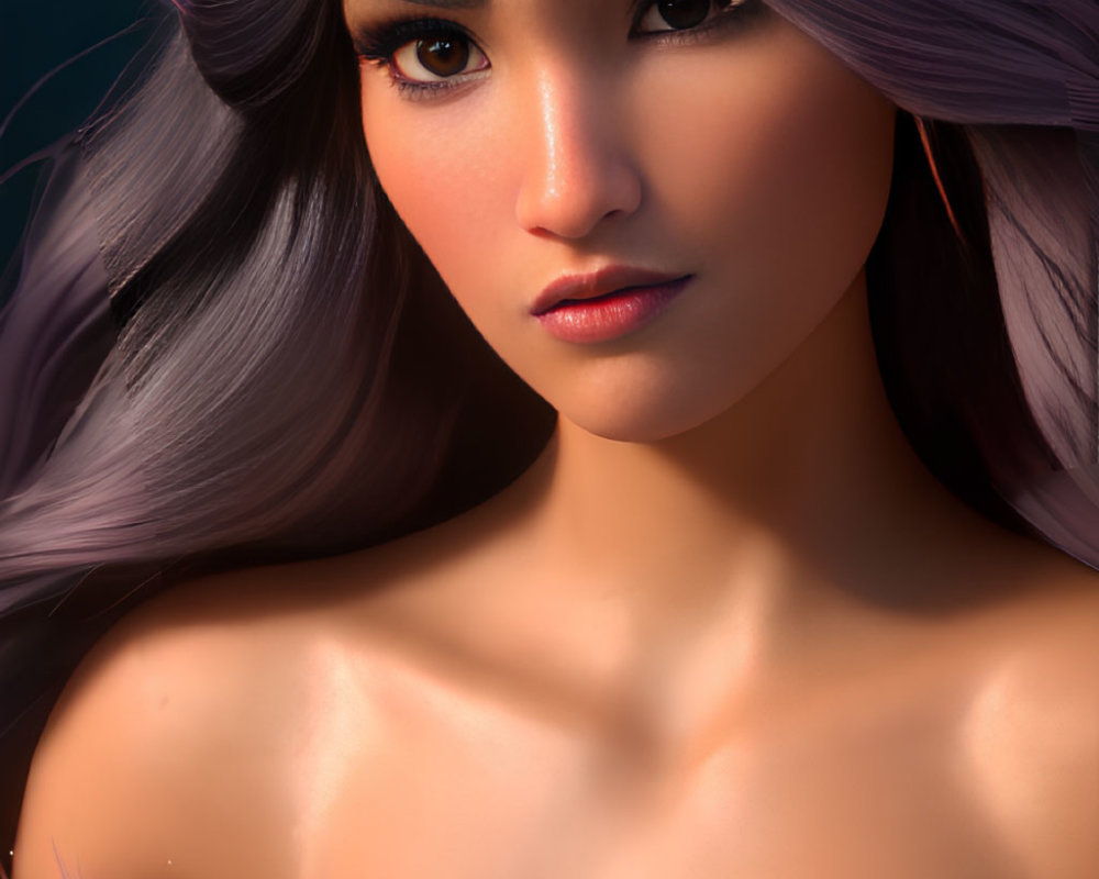 Animated Female Character with Long Purple Hair in Twilight Sky