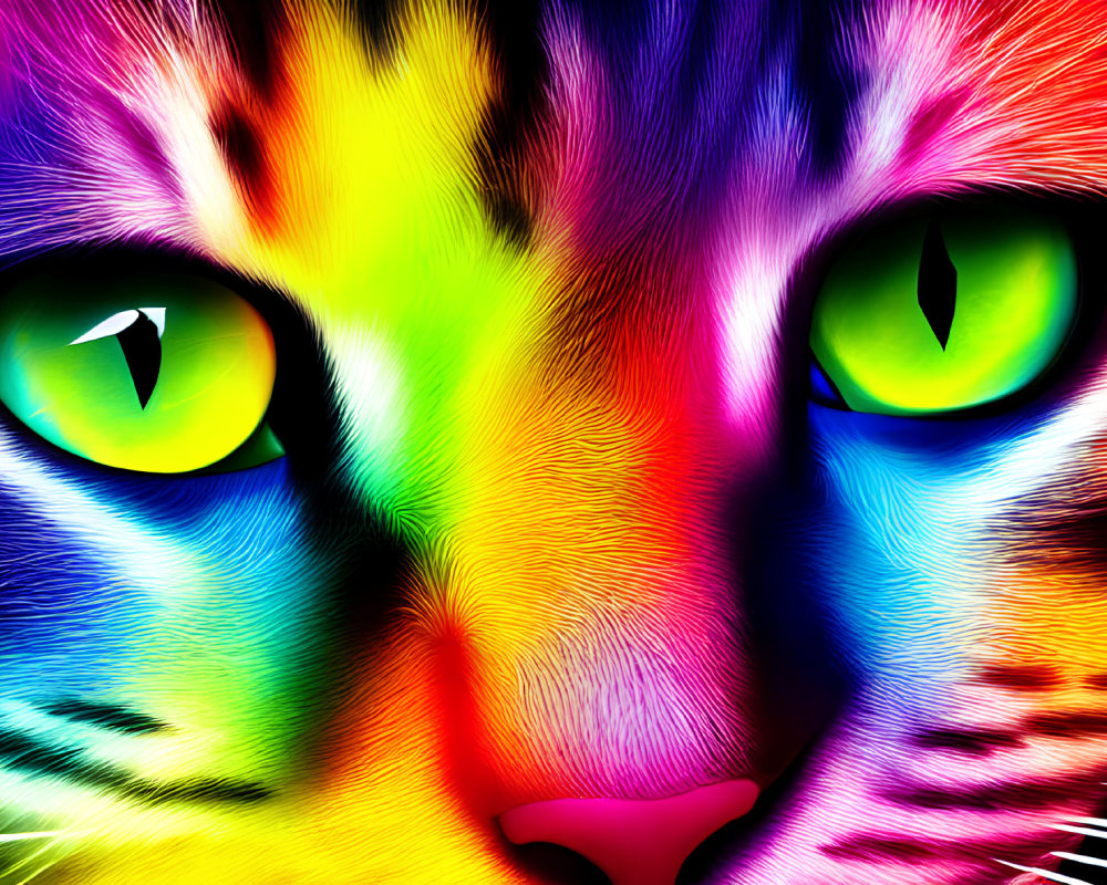 Colorful Digital Art: Cat's Face in Neon Hues & Green-Eyed Gaze