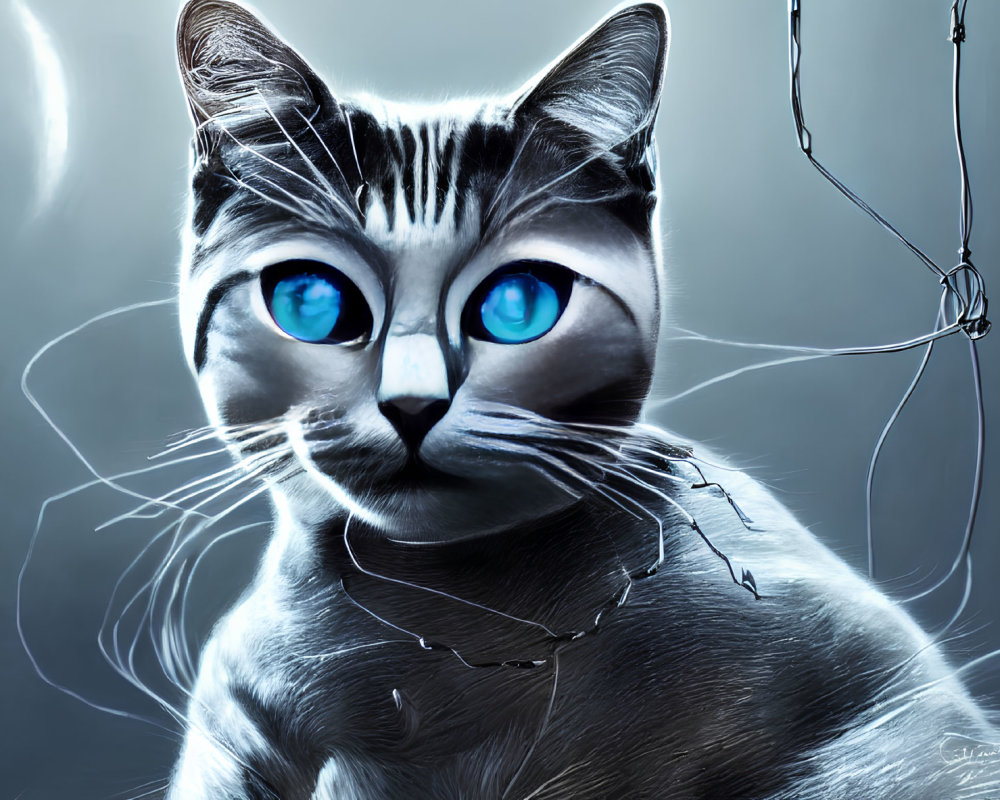 Striking Blue-Eyed Cat Digital Art with Enhanced Details