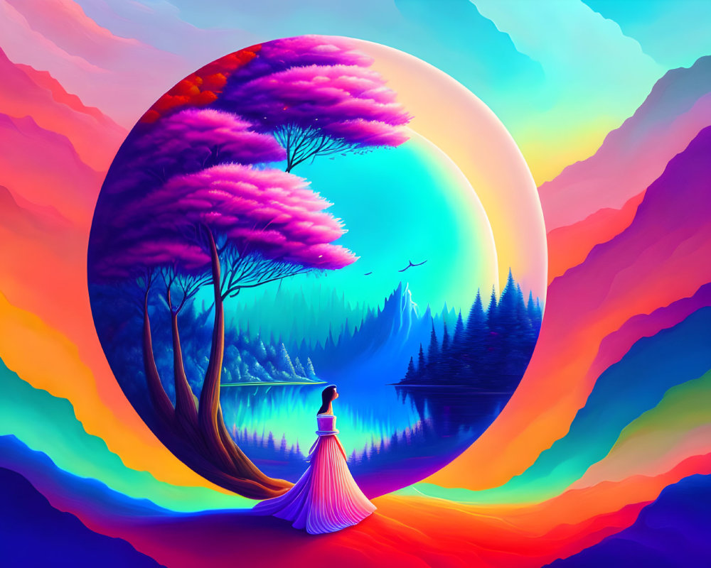 Colorful artwork of person in dress observing surreal landscape