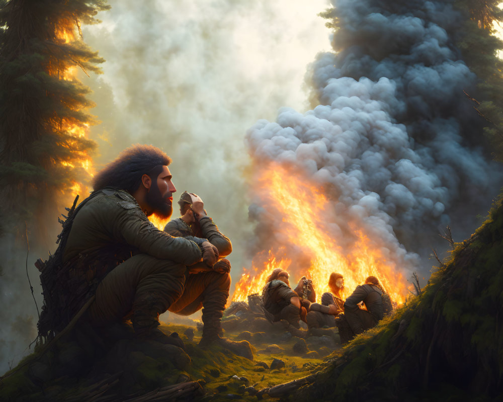 Bearded person in outdoor gear gazes at blazing forest fire