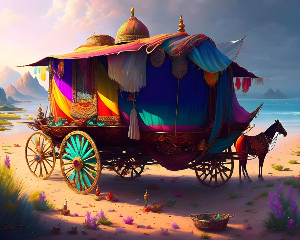 Ornate horse-drawn carriage on beach with colorful fabrics and patterns