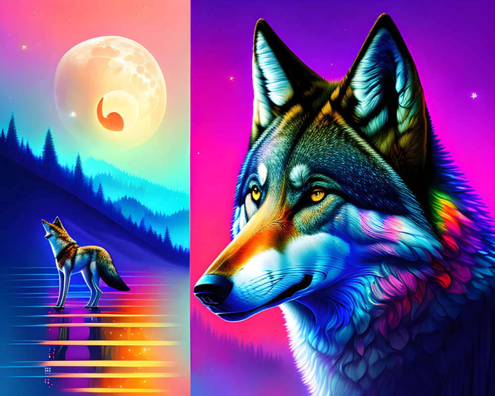 Neon-lit wolf in digital artwork with moon and mountains