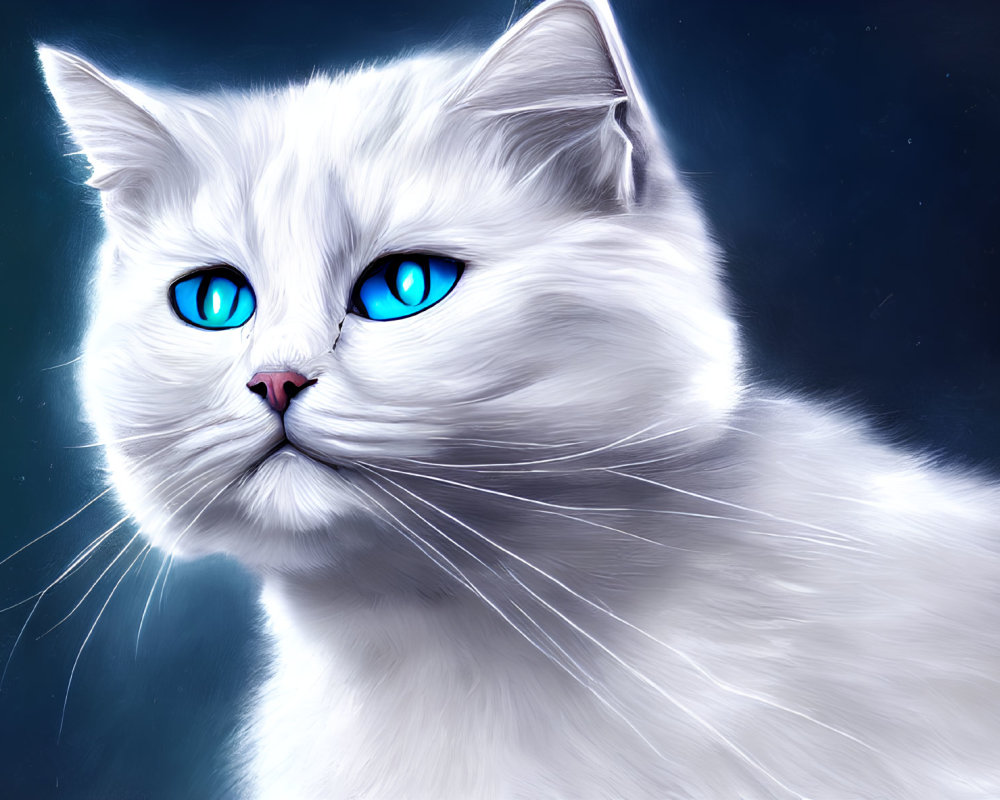 Fluffy white cat with blue eyes on dark blue backdrop