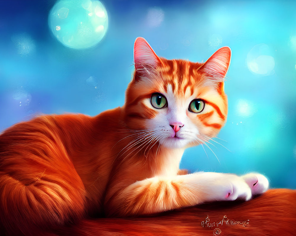 Orange Tabby Cat with Green Eyes on Vivid Blue Background with Bokeh and Glowing Orb