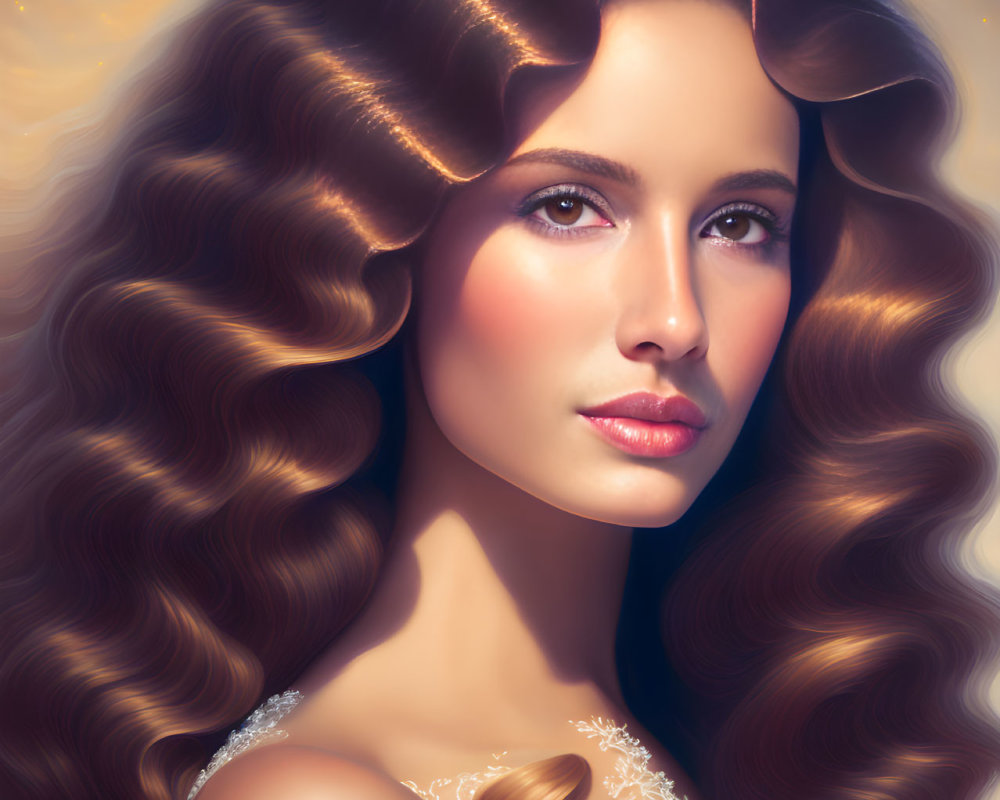 Portrait of Woman with Voluminous Wavy Brown Hair and Serene Expression