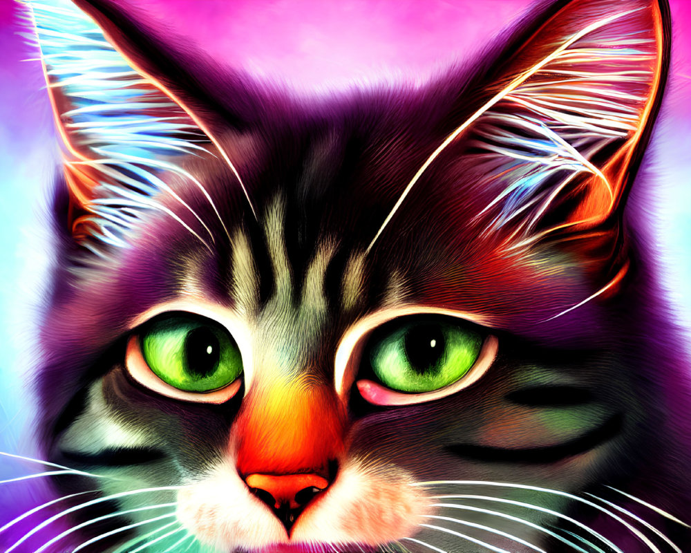 Colorful Digital Art: Tabby Cat Portrait with Green Eyes