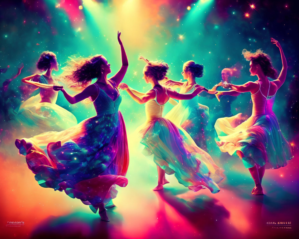 Five dancers in flowing dresses twirl against colorful nebula backdrop