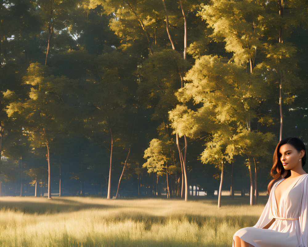 Woman sitting in sunlit field surrounded by tall trees