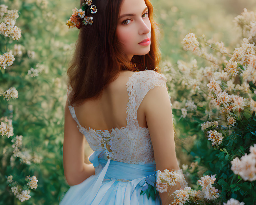 Woman in Blue Dress with Floral Wreath Surrounded by Blooming Shrubs