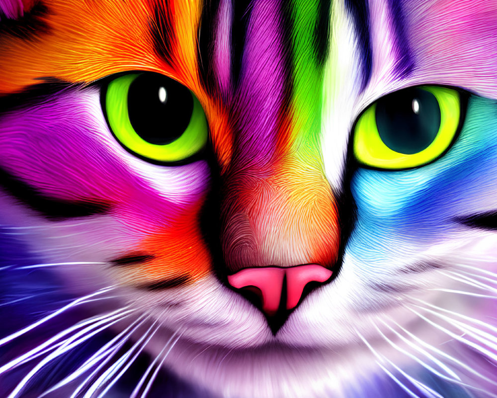 Colorful Digital Painting of Cat with Green Eyes & Multicolored Fur