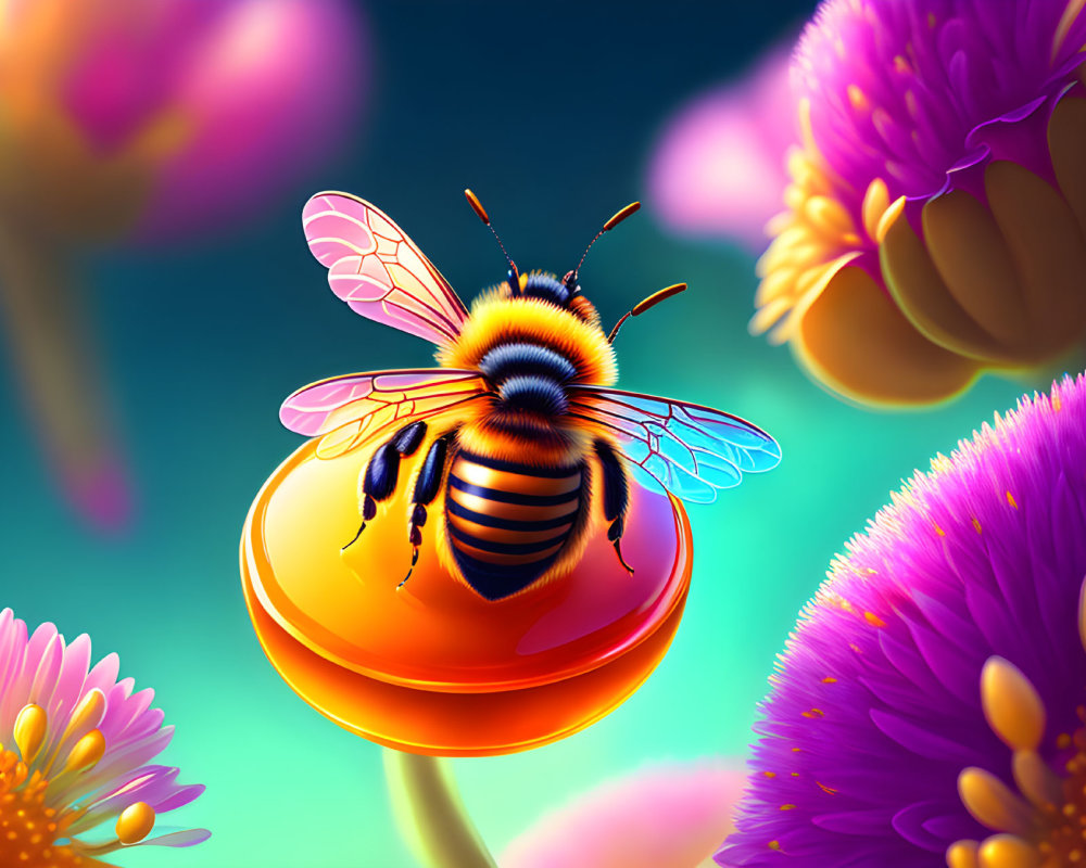 Colorful Bee Landing on Golden Honey Drop with Purple Flowers on Teal Background