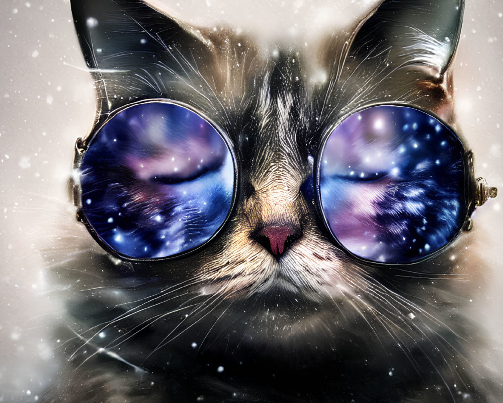 Artistic cat in sunglasses with cosmic pattern, snowflakes on dark background