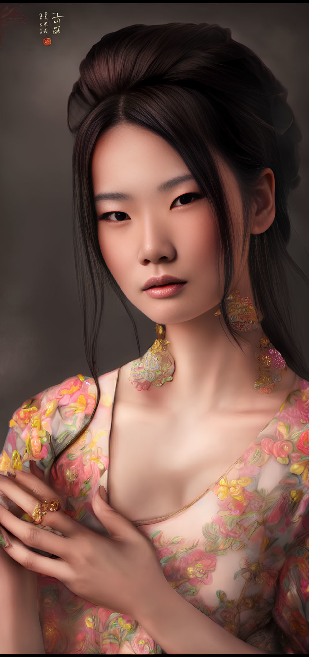 Digital art portrait of elegant East Asian woman in floral attire with updo