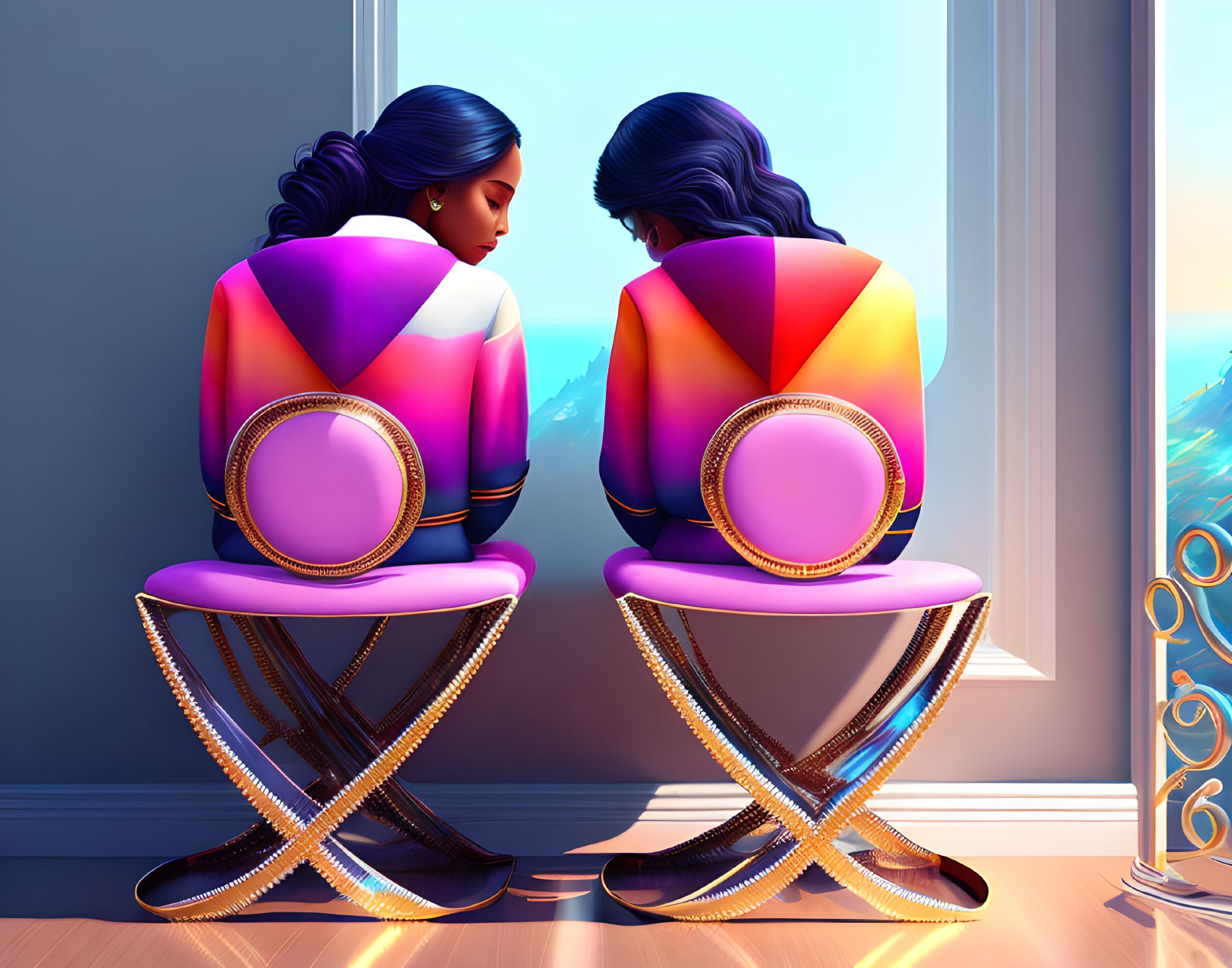 Stylized animated characters with blue hair in colorful jackets sitting back-to-back in a room with a