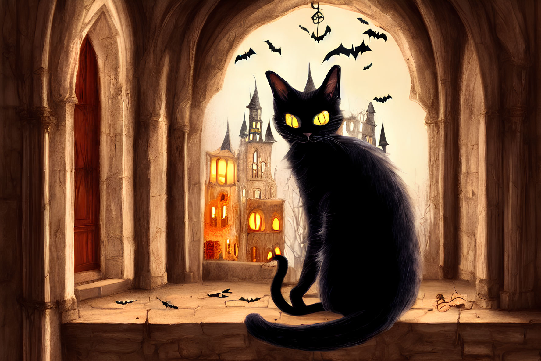 Black Cat with Yellow Eyes on Windowsill Overlooking Gothic Castle at Night