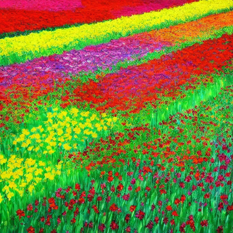 Colorful Flower Fields: Red, Yellow, Purple, Green Stripes in Vibrant Tapestry