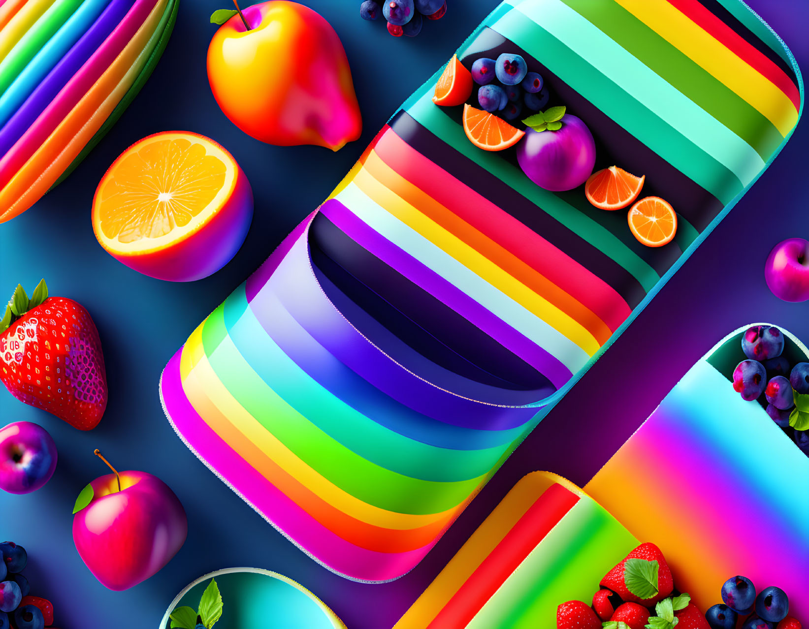 Vibrant rainbow gradients with realistic fruits on rounded shapes