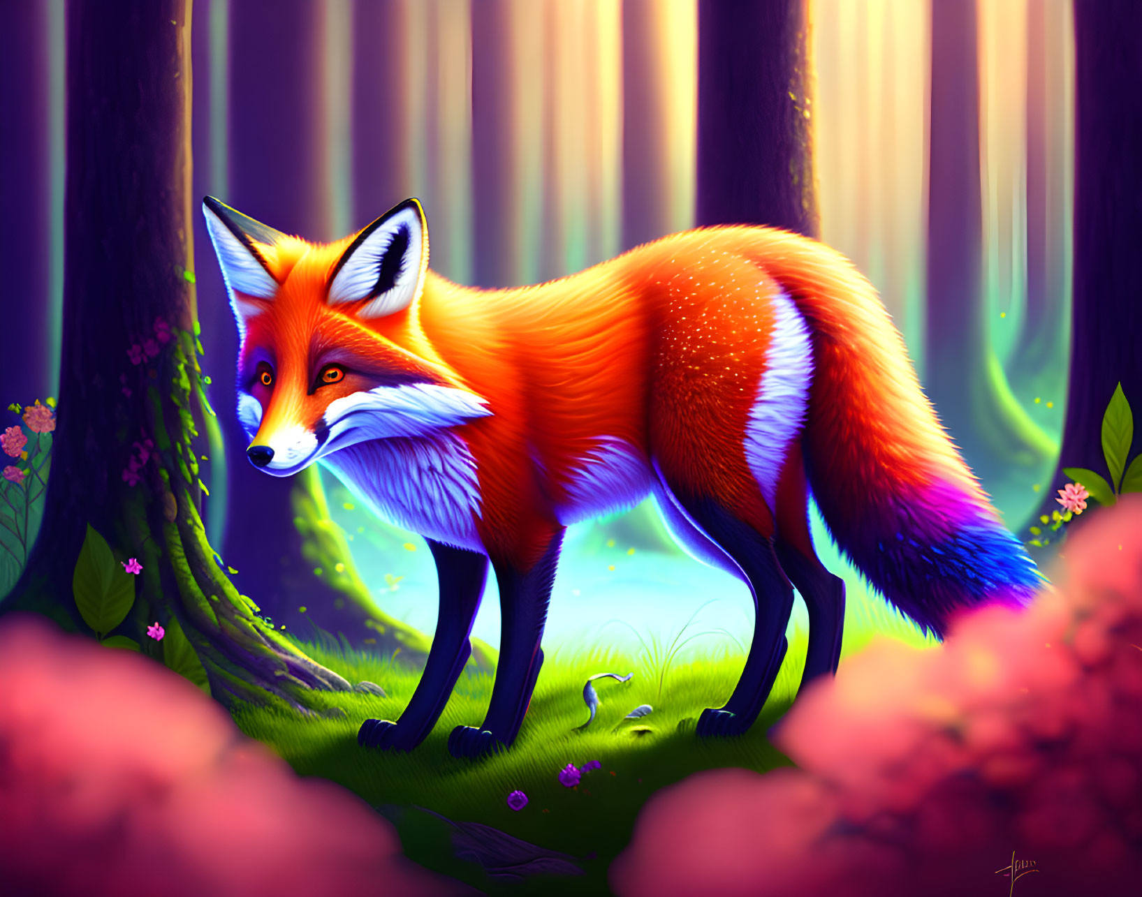 Red fox in mystical forest with sunbeams: a vibrant illustration