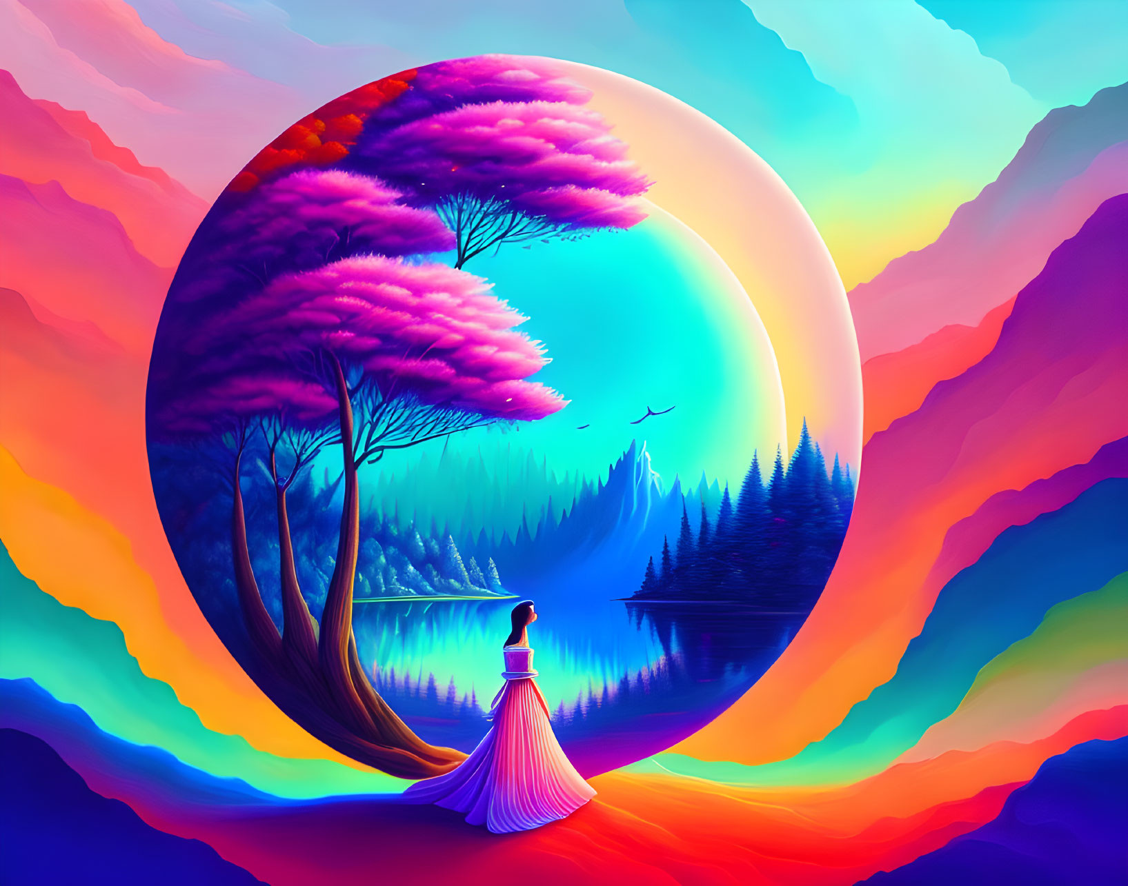 Colorful artwork of person in dress observing surreal landscape