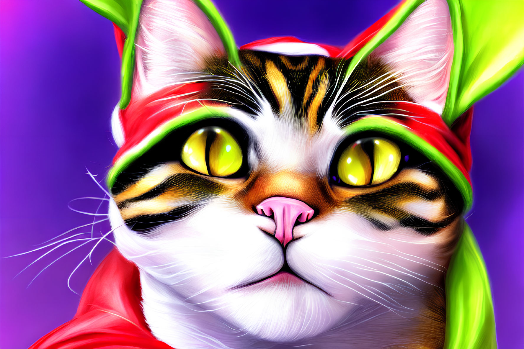 Colorful digital artwork featuring cat with yellow eyes and headscarf on purple background