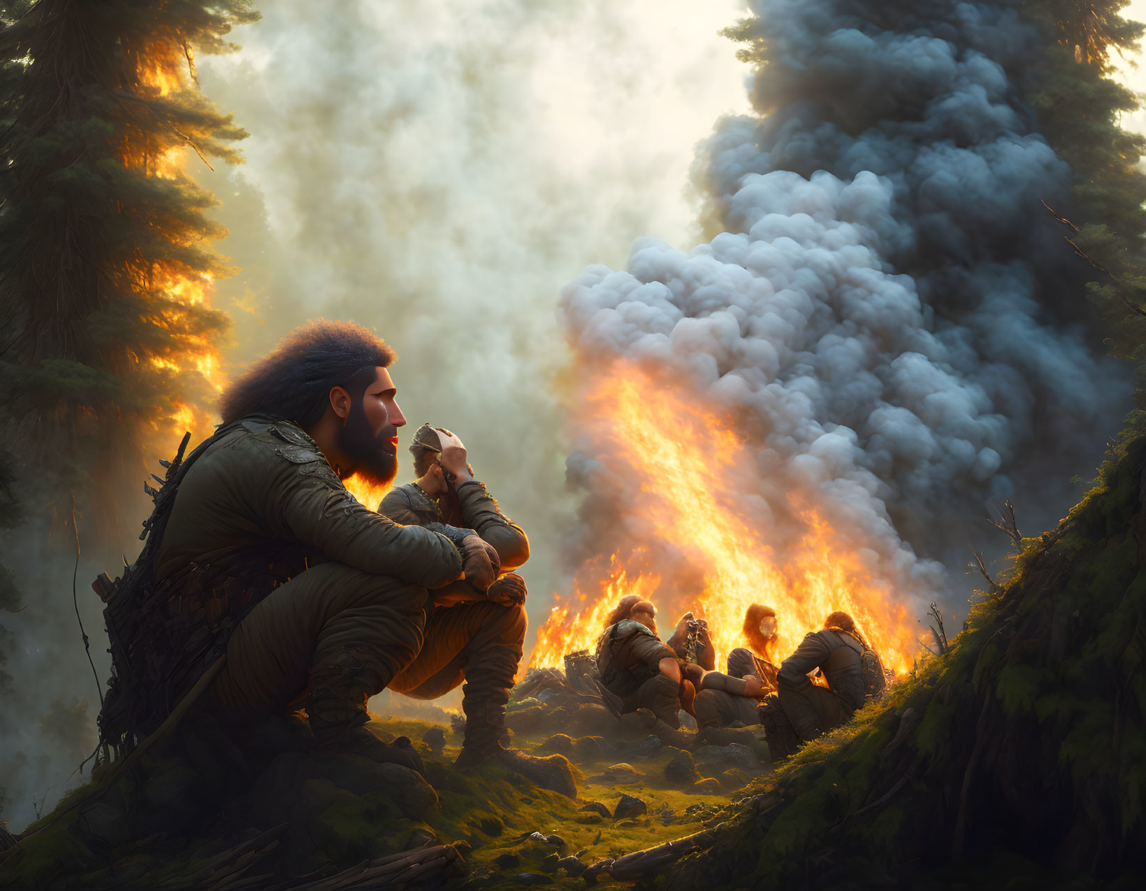 Bearded person in outdoor gear gazes at blazing forest fire