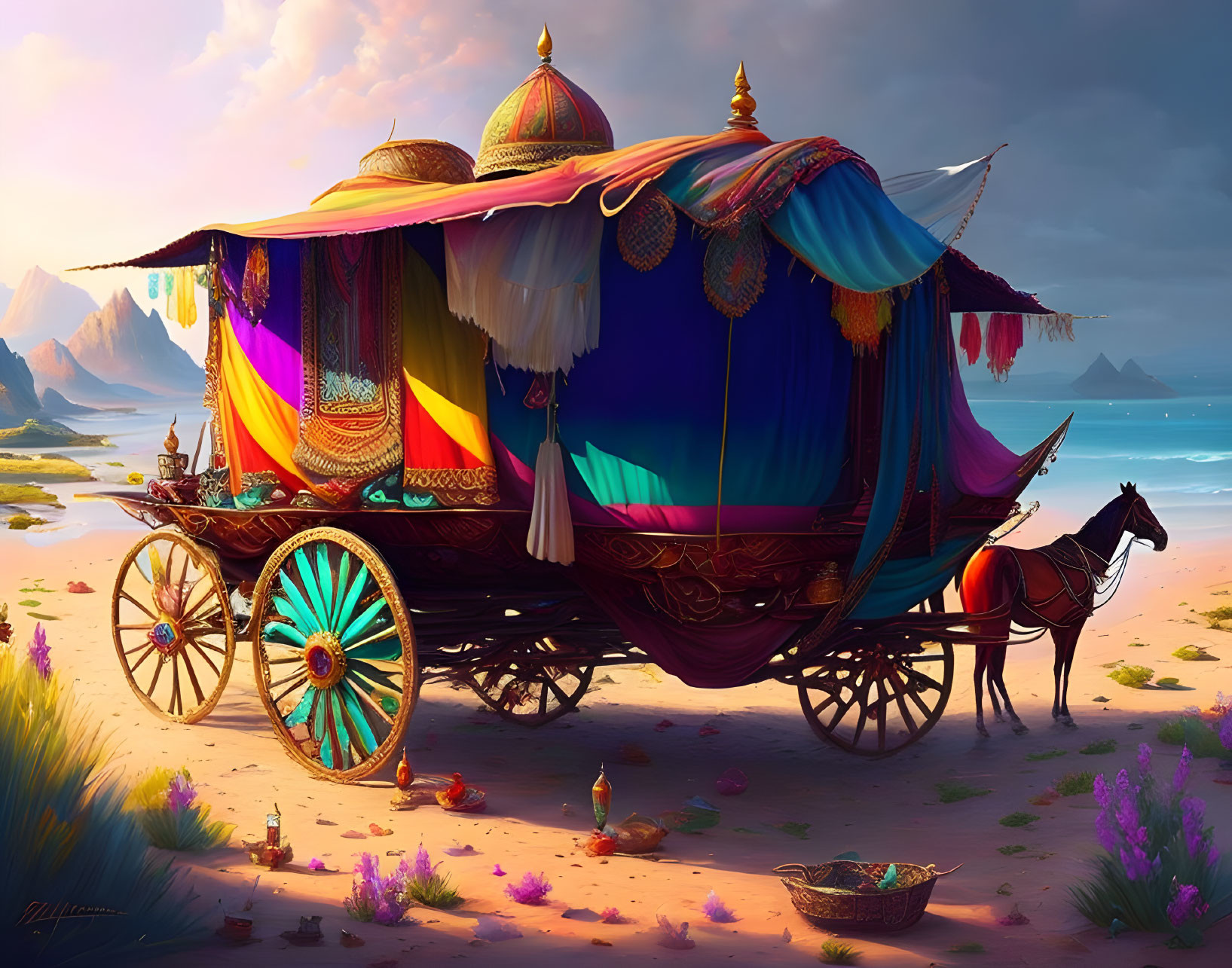 Ornate horse-drawn carriage on beach with colorful fabrics and patterns