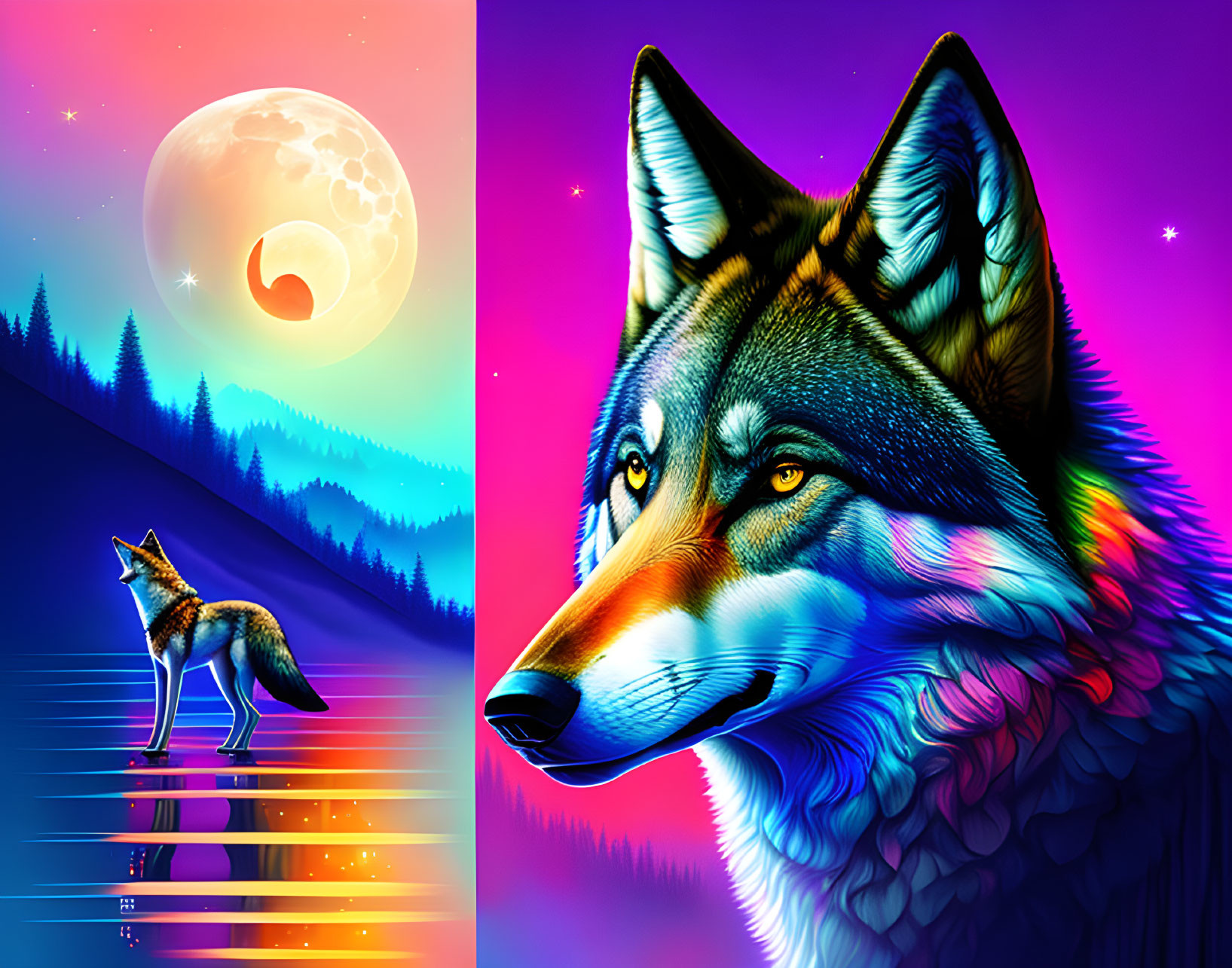 Neon-lit wolf in digital artwork with moon and mountains