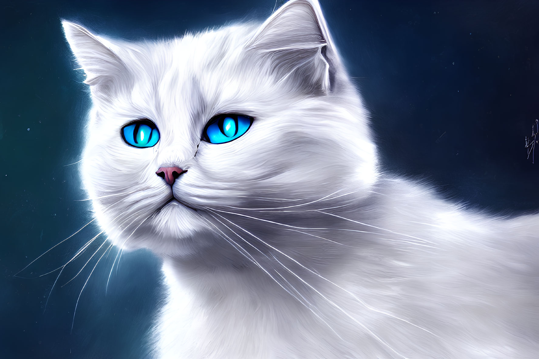 Fluffy white cat with blue eyes on dark blue backdrop