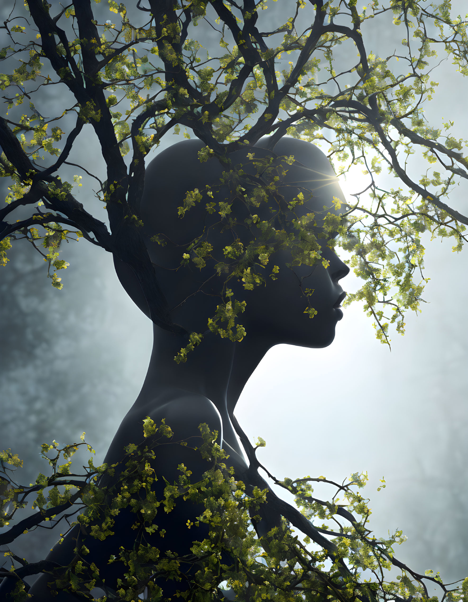 Humanoid Figure Blending into Tree with Misty Background