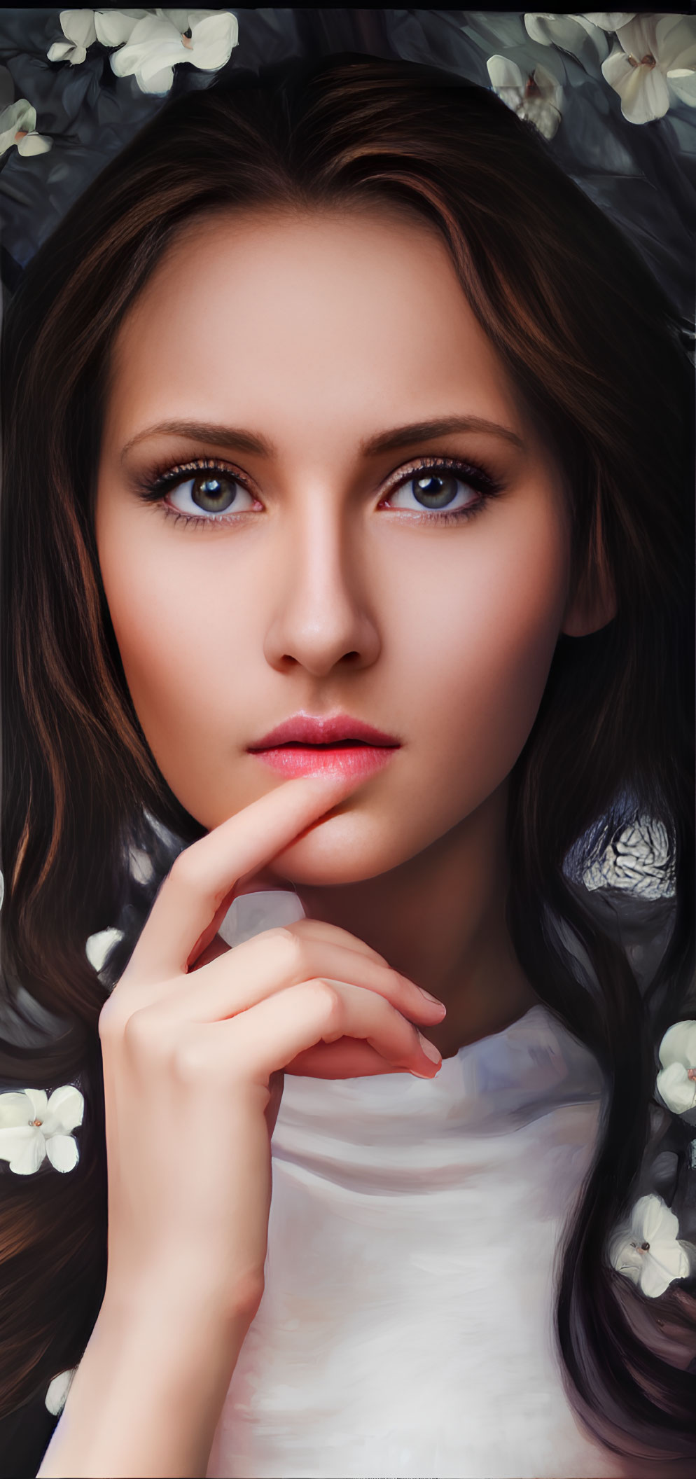 Portrait of woman with long brown hair and blue eyes, adorned with white flowers