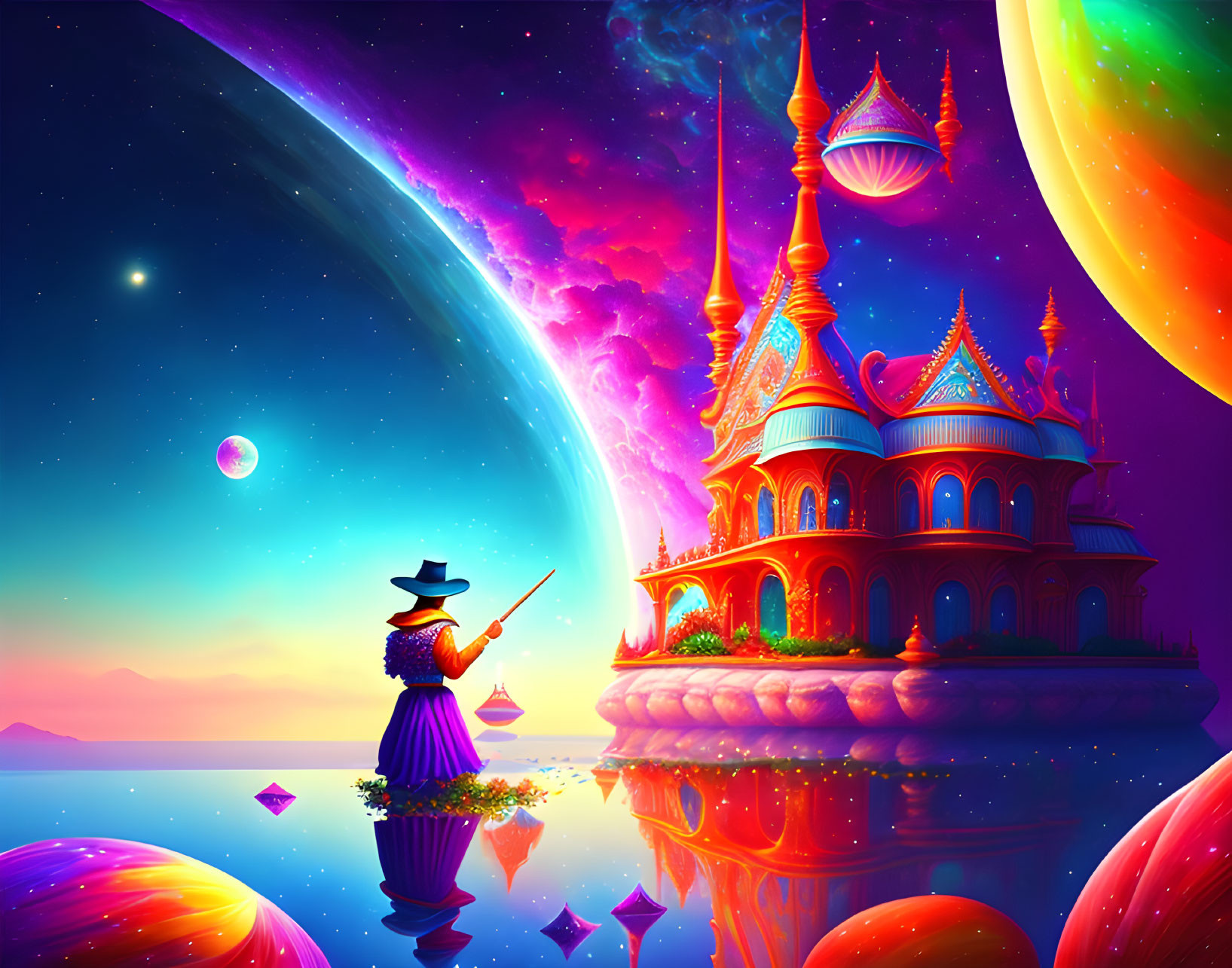 Whimsical castle on celestial body with person pointing at colorful cosmic sky