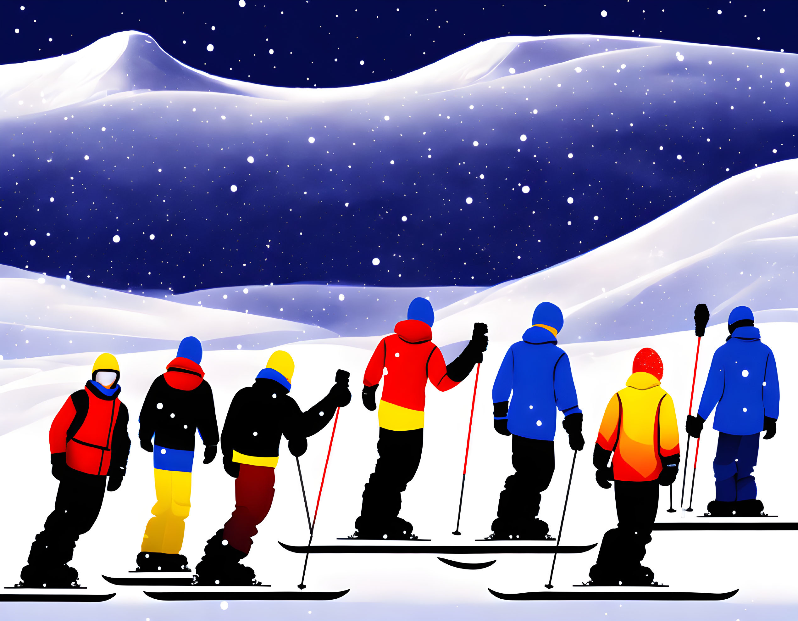 Group of Skiers Ascending Snowy Hill at Night