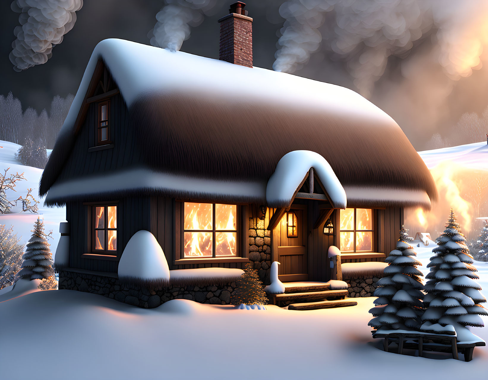 Snow-covered cottage with thatched roof and glowing windows in serene winter landscape