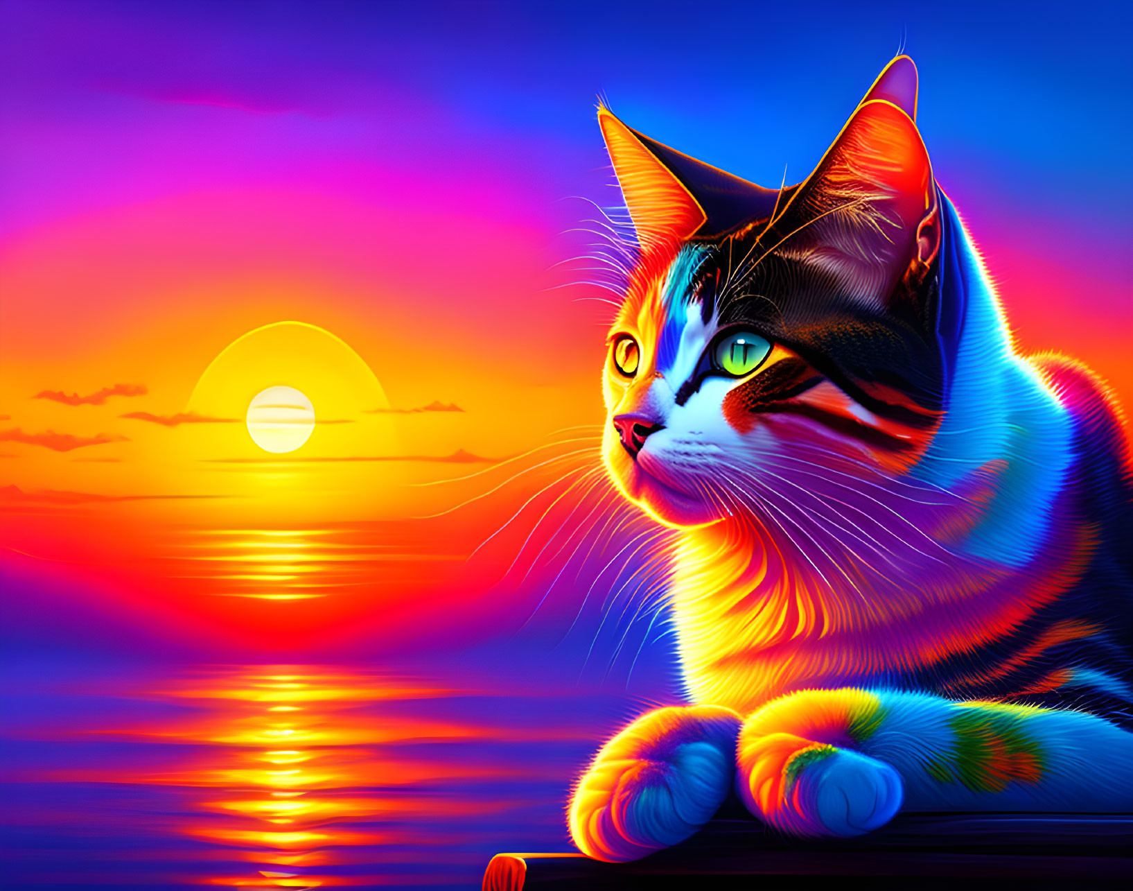 Colorful Stylized Cat Artwork Against Sunset Reflections