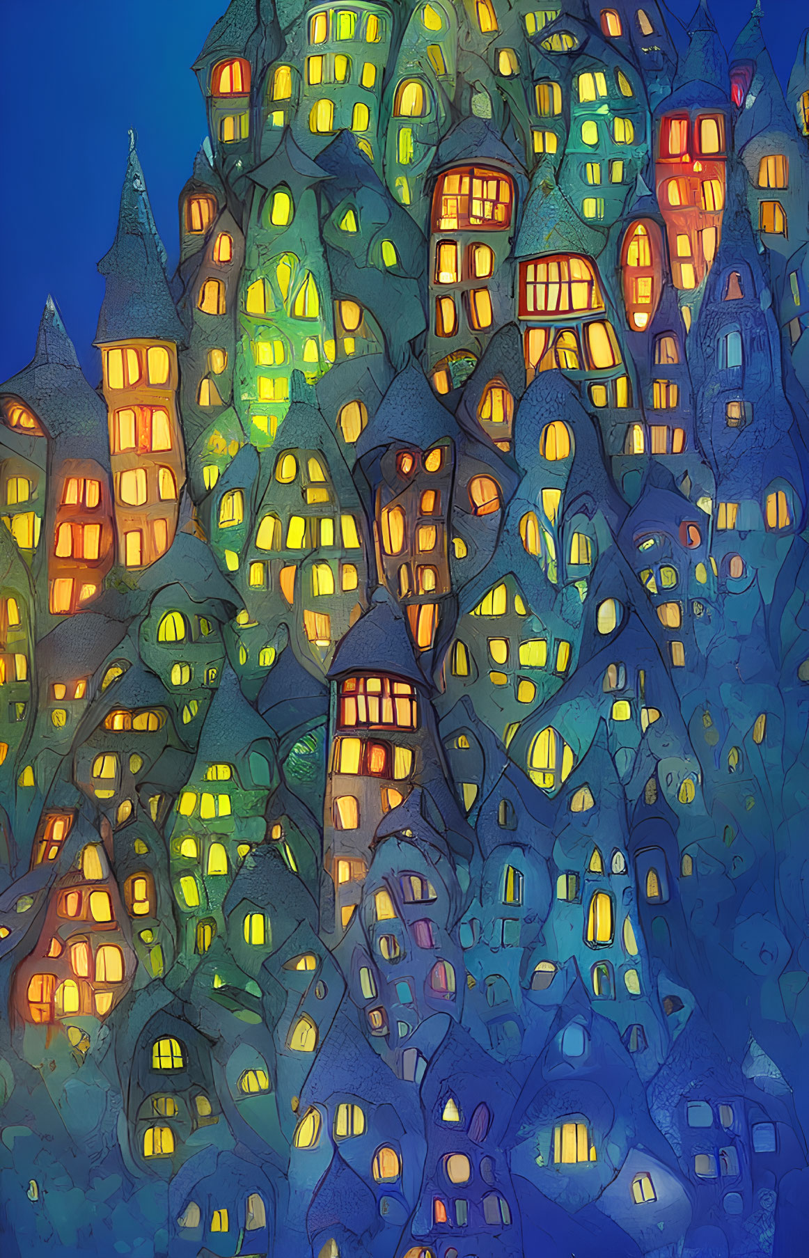 Vibrant town illustration with unique houses and glowing windows