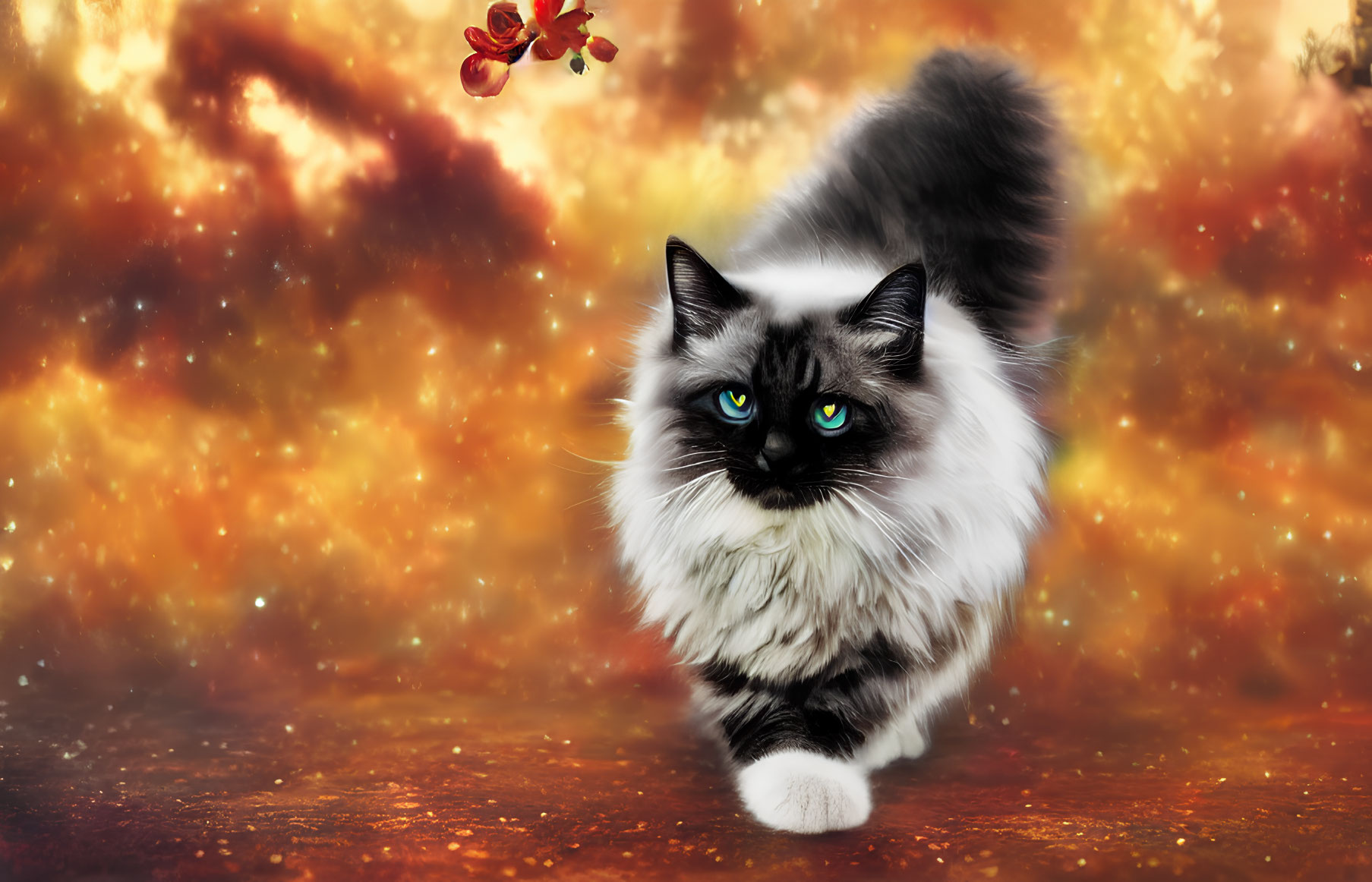 Fluffy black and white cat with blue eyes on fiery orange background