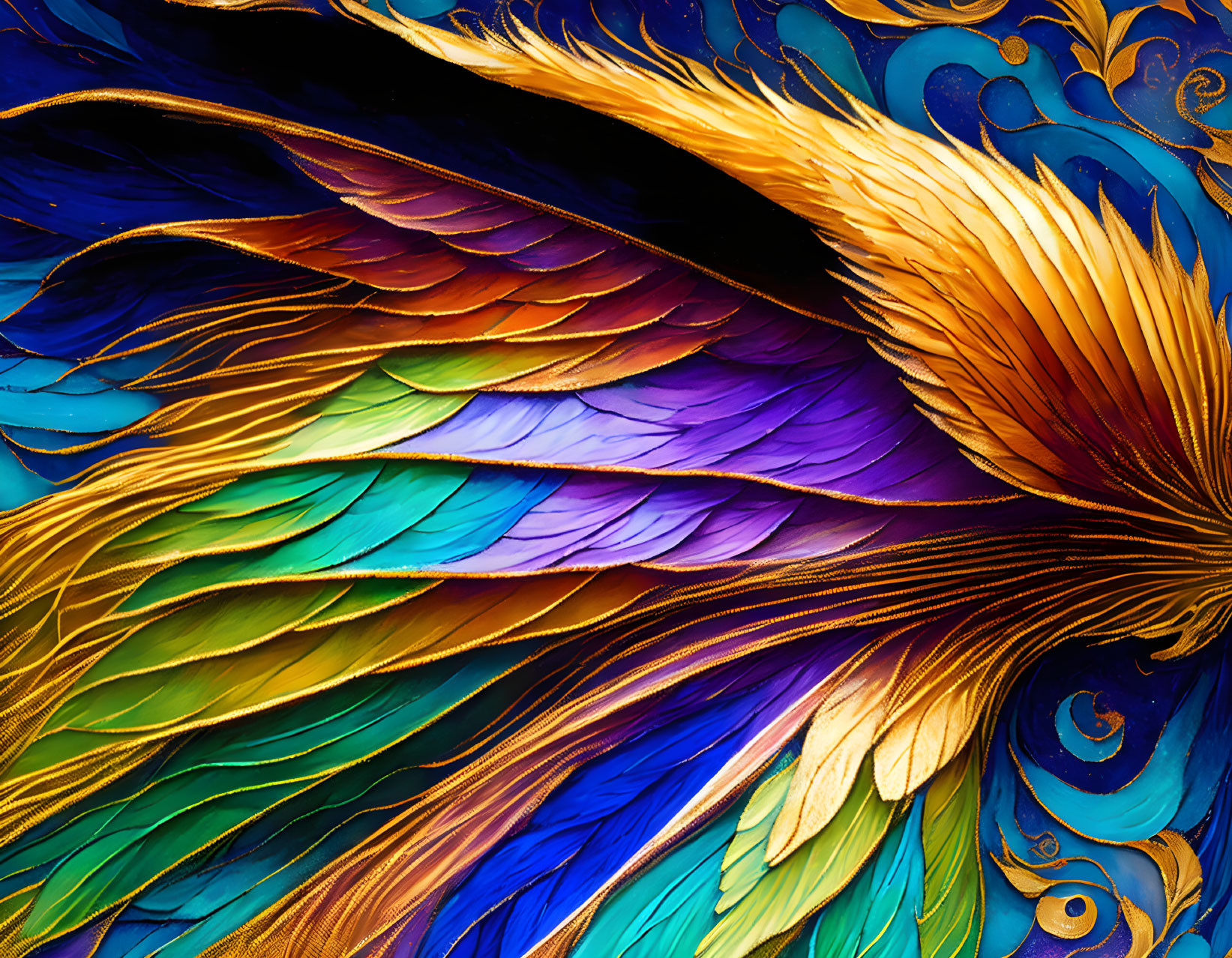 Colorful Feather Artwork: Gold to Blue Gradient with Peacock Motifs