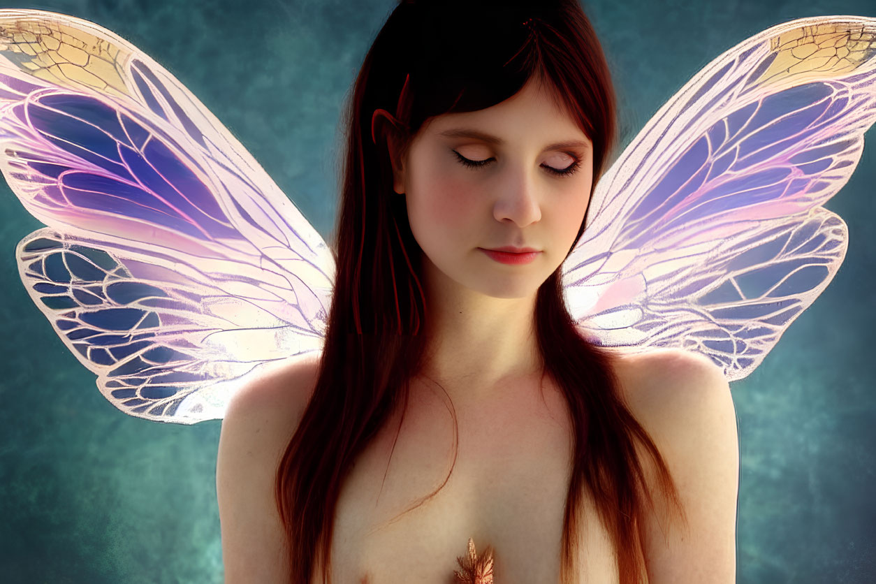 Woman with Pink Wings on Blue Background: Serene and Fairy-like Portrait