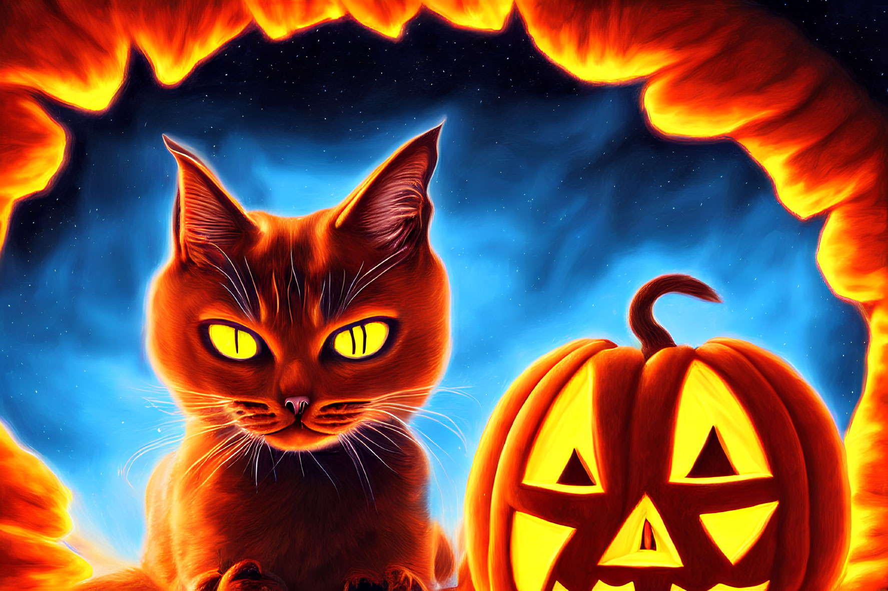 Orange-eyed cat with carved pumpkin on fiery background - Halloween illustration