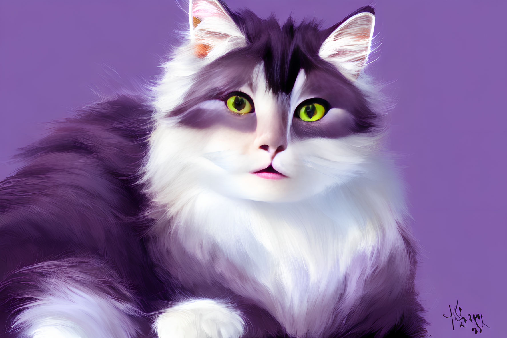 Fluffy Long-Haired Cat with Green Eyes on Purple Background