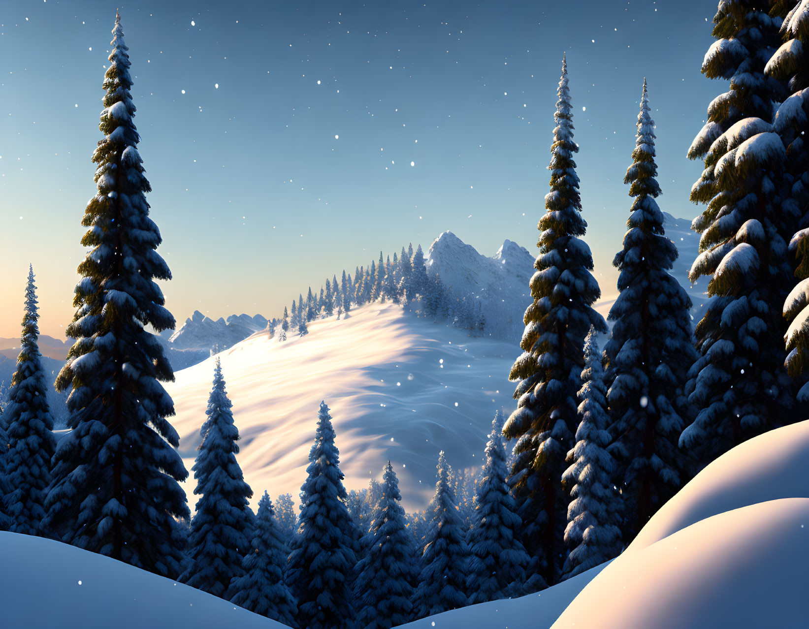 Winter Landscape: Snowy Pine Trees, Starlit Sky, and Twilight Mountains