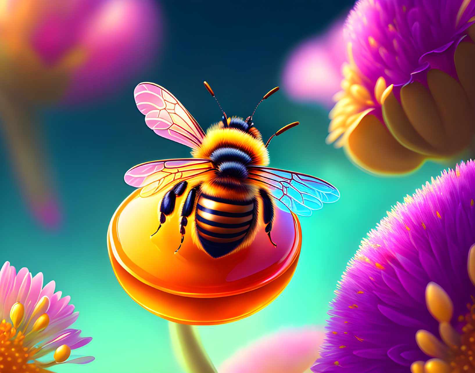 Colorful Bee Landing on Golden Honey Drop with Purple Flowers on Teal Background