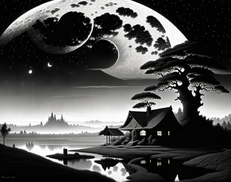 Monochrome fantasy landscape with moon, castle, house, and tree