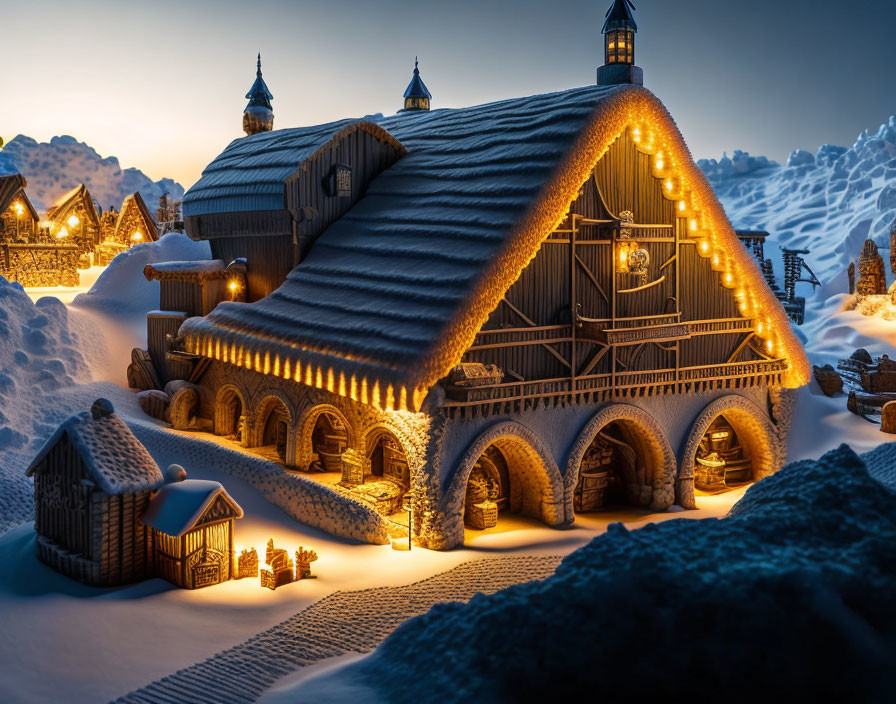 Miniature Fairy Tale Village in Snowy Landscape at Dusk