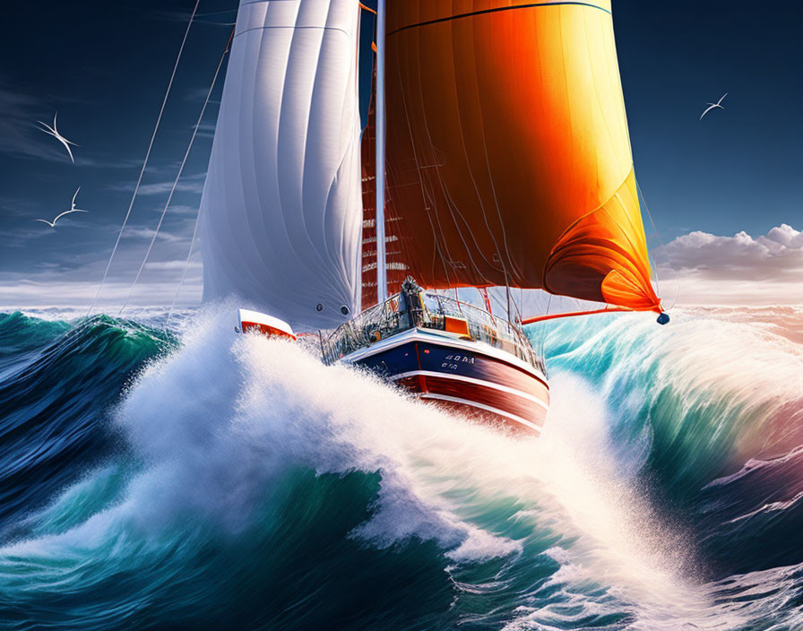 Sailboat with White and Orange Sails on Ocean Waves and Sky with Birds