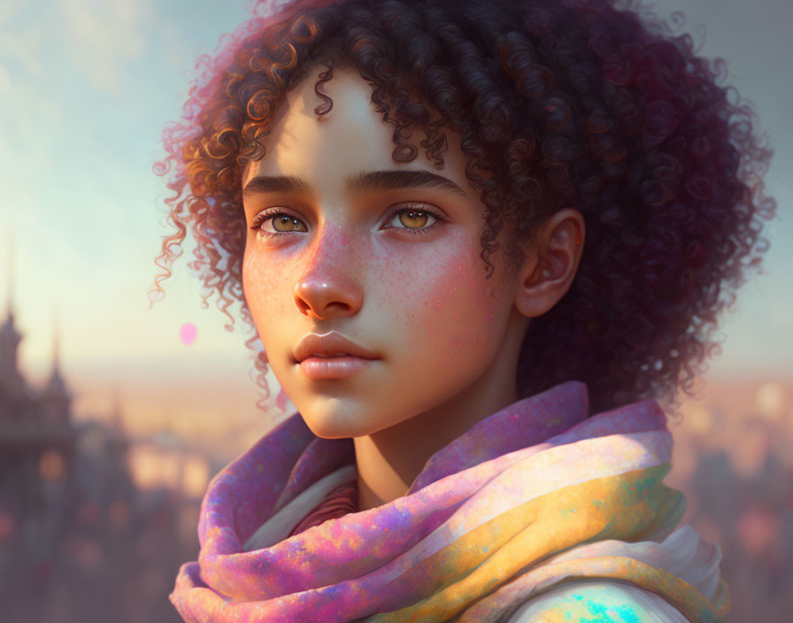 Young girl with curly hair and freckles in colorful scarf against cityscape at sunset