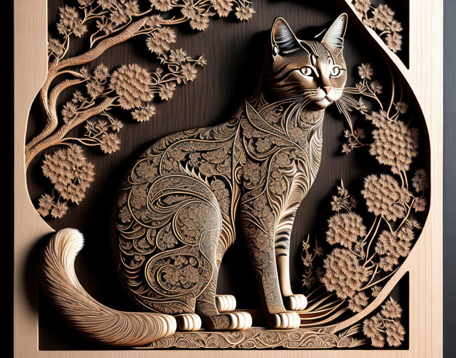 Circular wooden art piece featuring a carved cat and floral motifs