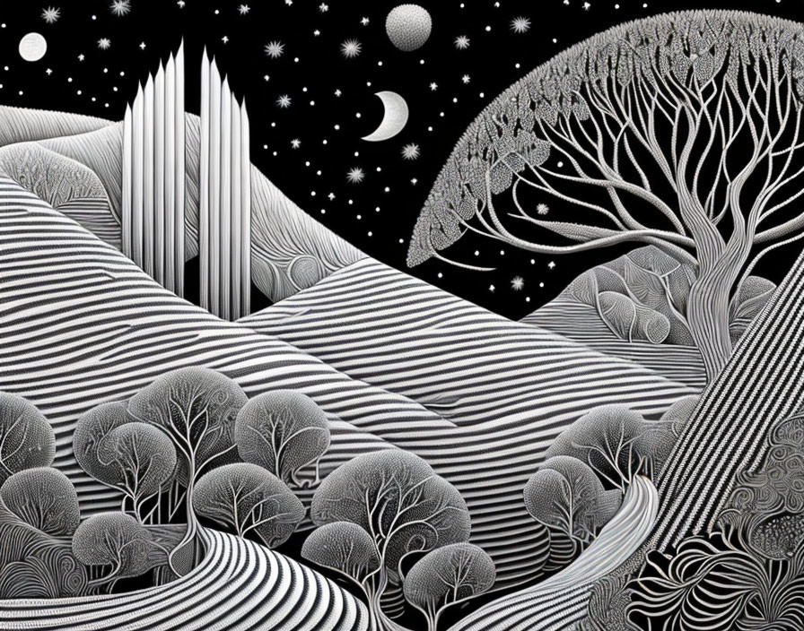 Monochrome illustration of rolling hills, trees, stars, and geometric centerpiece